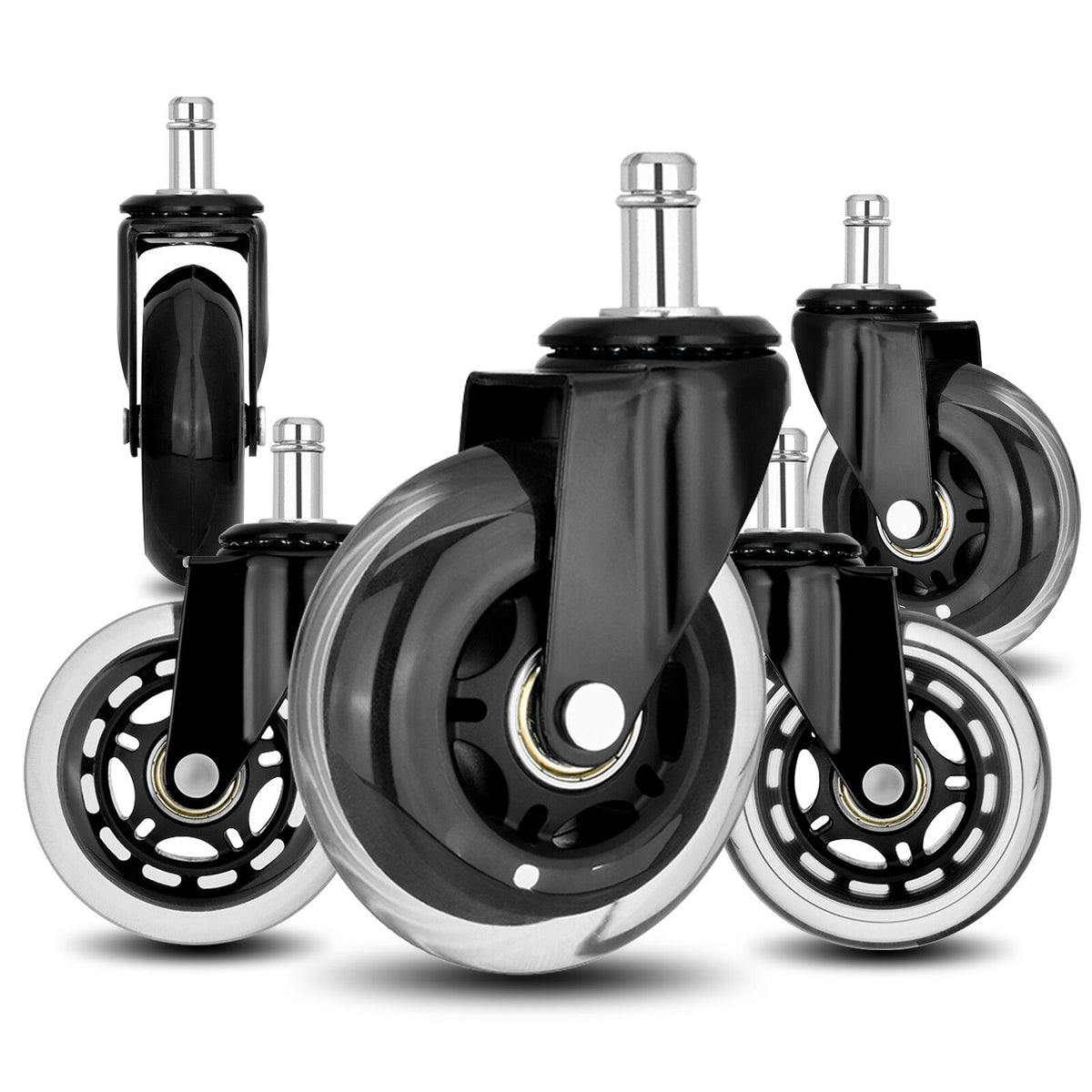 La Bella 5X Black 3'' Rollerblade Style Wheels Office Chair Casters - Slient Smooth, 11x22mm Stem