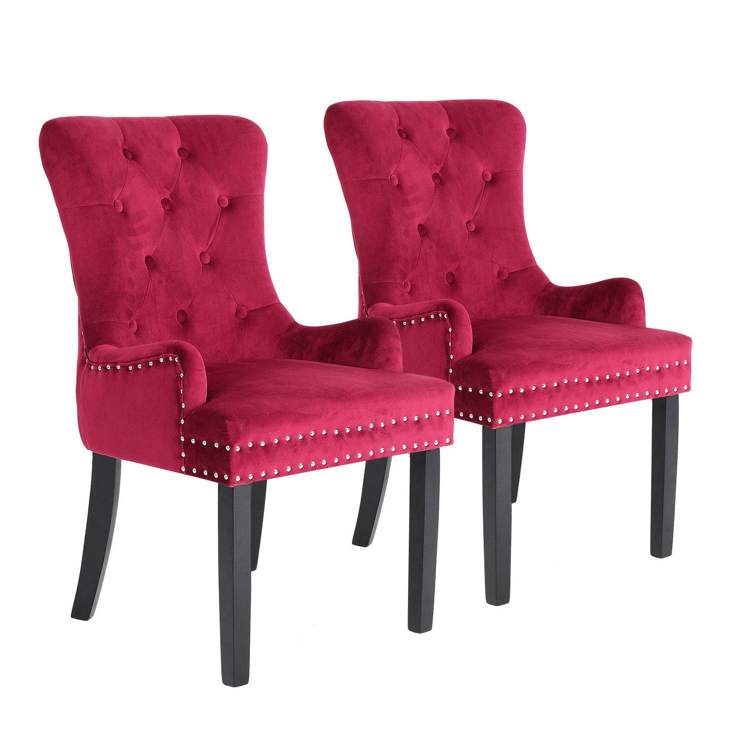 La Bella 2 Set French Provincial Dining Chair Ring Studded Lisse Velvet Rubberwood - Bordeaux Red