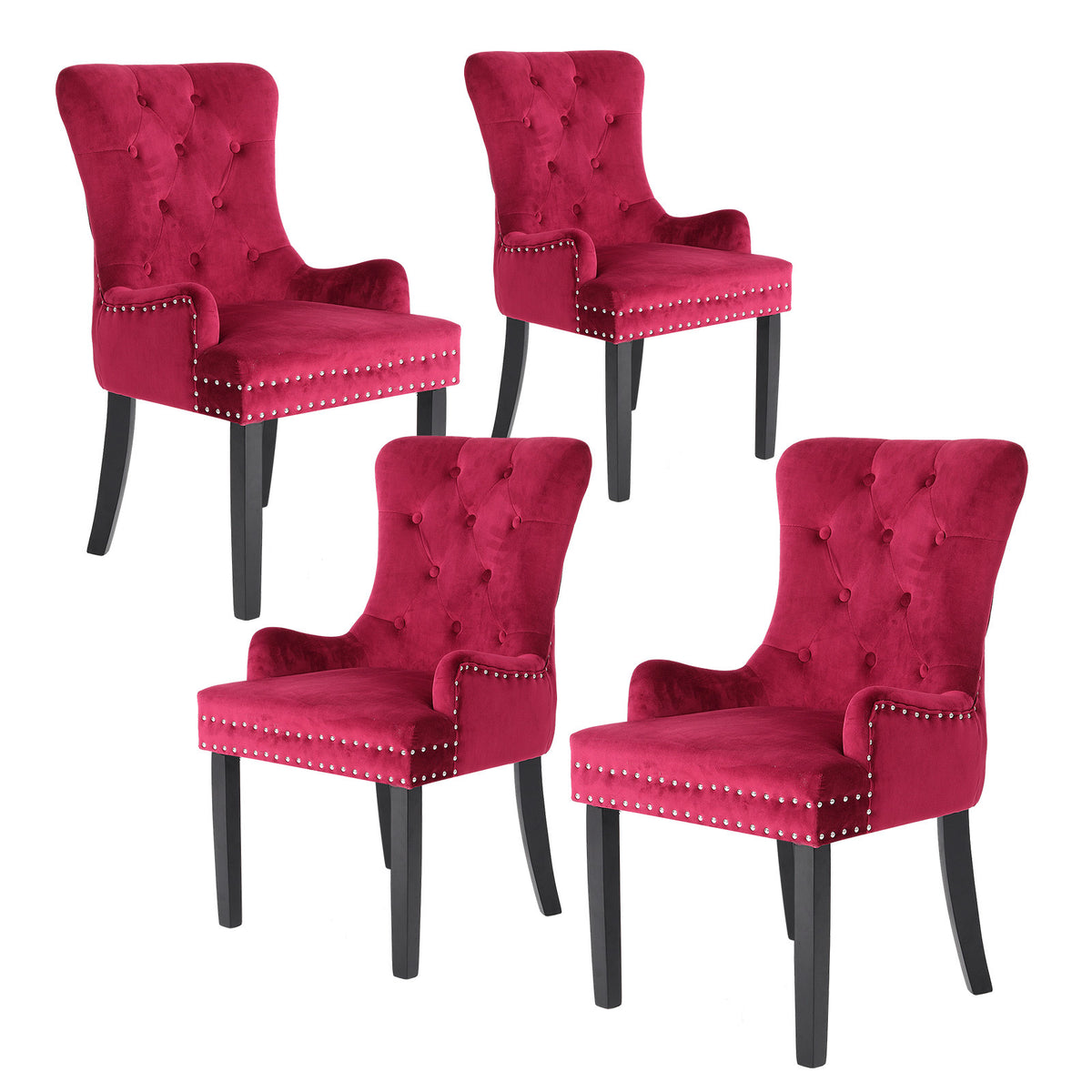 La Bella 4 Set French Provincial Dining Chair Ring Studded Lisse Velvet Rubberwood - Bordeaux Red