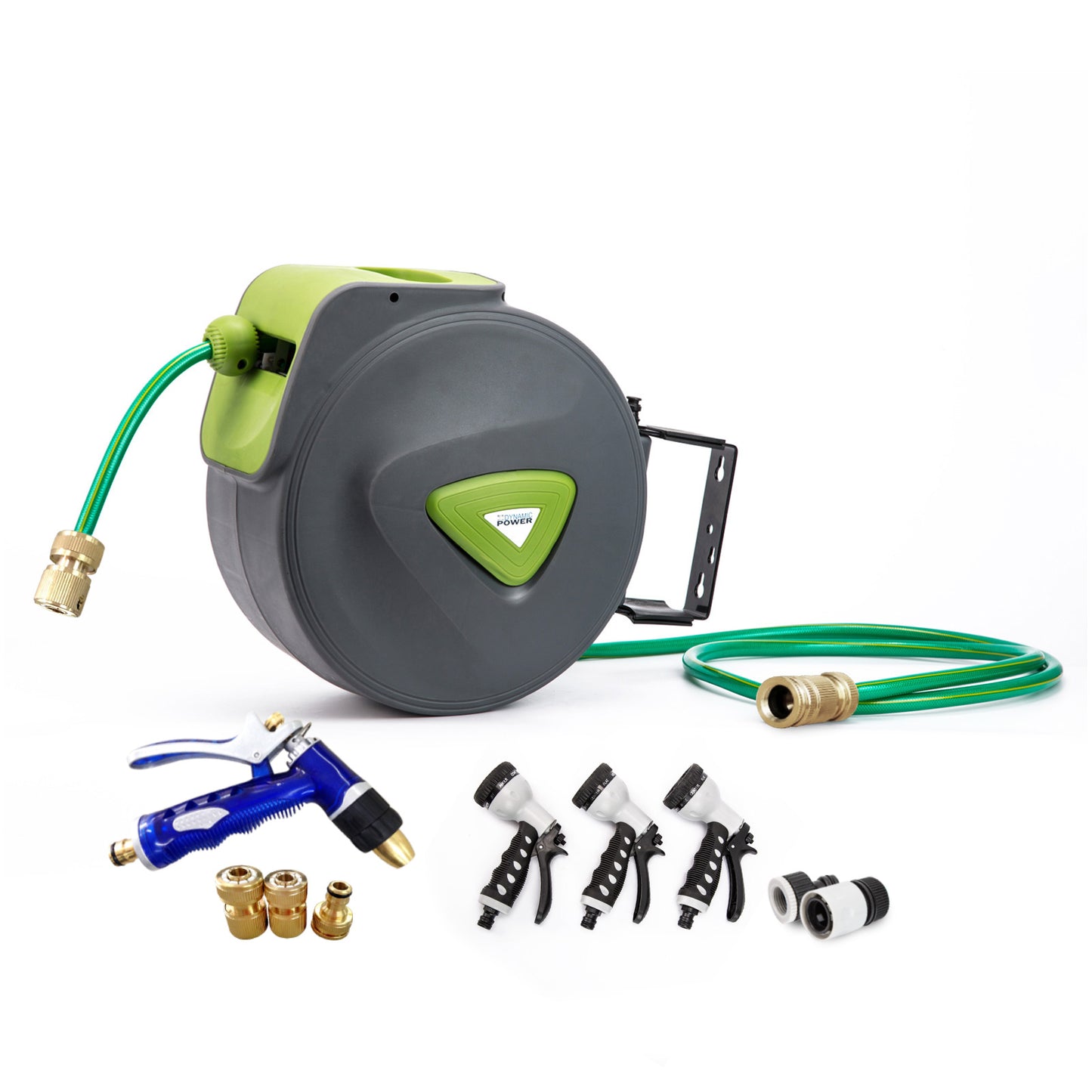 Dynamic Power Garden Water Hose 20M Retractable Rewind Reel Wall Mounted + Brass Gun
