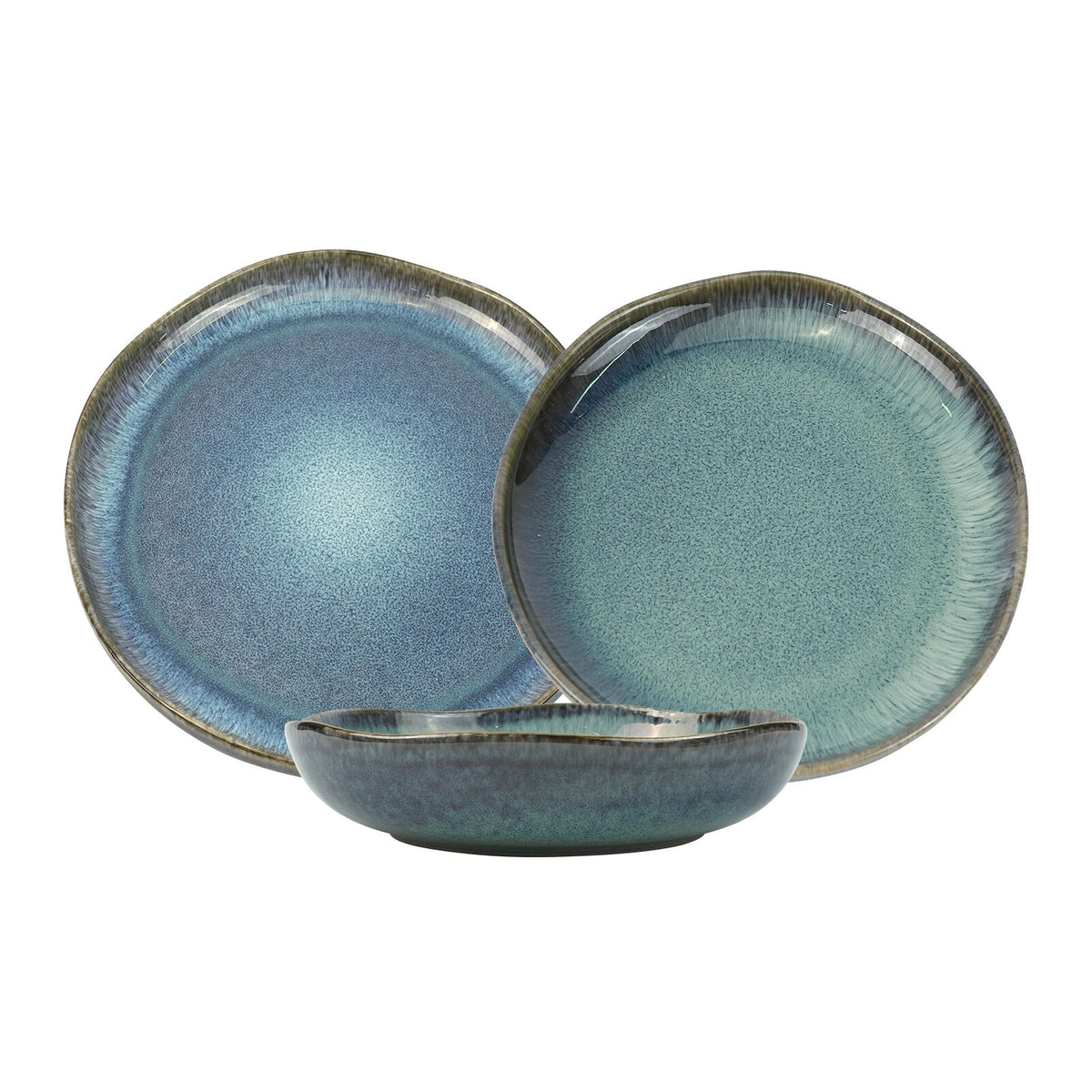 3 Pieces Reactive Glazed Ceramic Organic Fine Dinner Set with Plate and Bowl Earthy Aqua