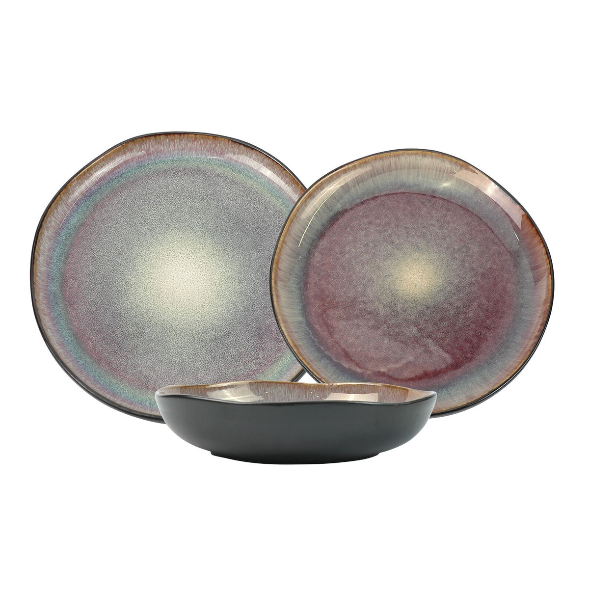 3 Pieces Reactive Glazed Ceramic Organic Fine Dinner Set with Plate and Bowl Earthy Blue Brown