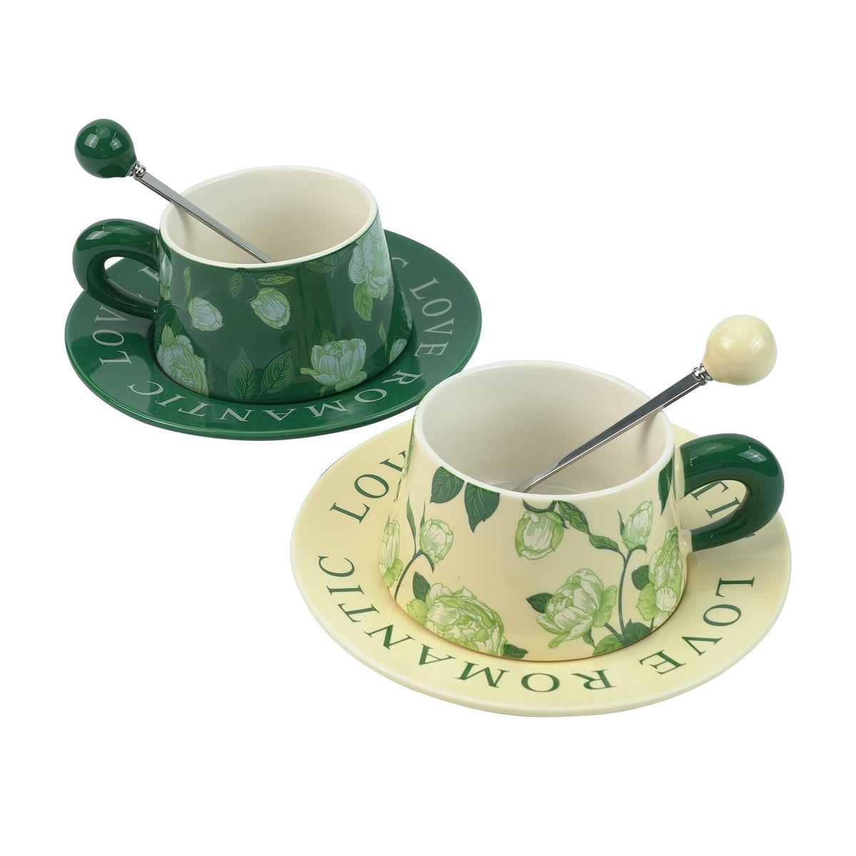 2 Set High-Fired Ceramic Porcelain Cup & Saucer Set with Tea Spoon Vintage Floral 300ml Green