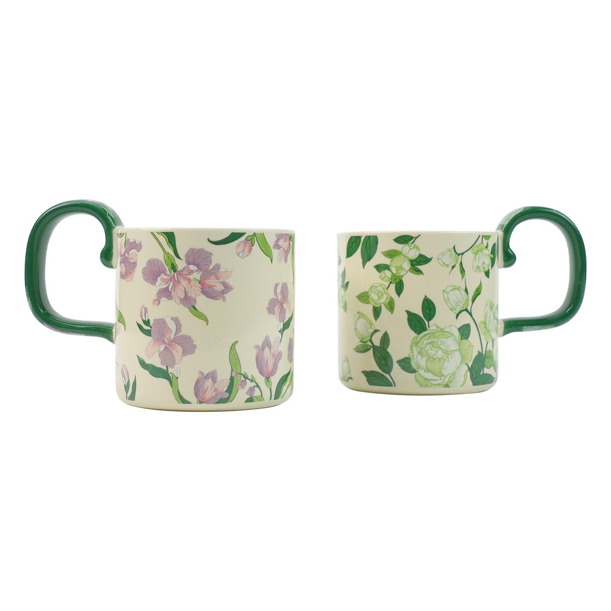 2 Set High-Fired Ceramic Porcelain Mug Set with Lid Tea Spoon Vintage Floral 400ml Green
