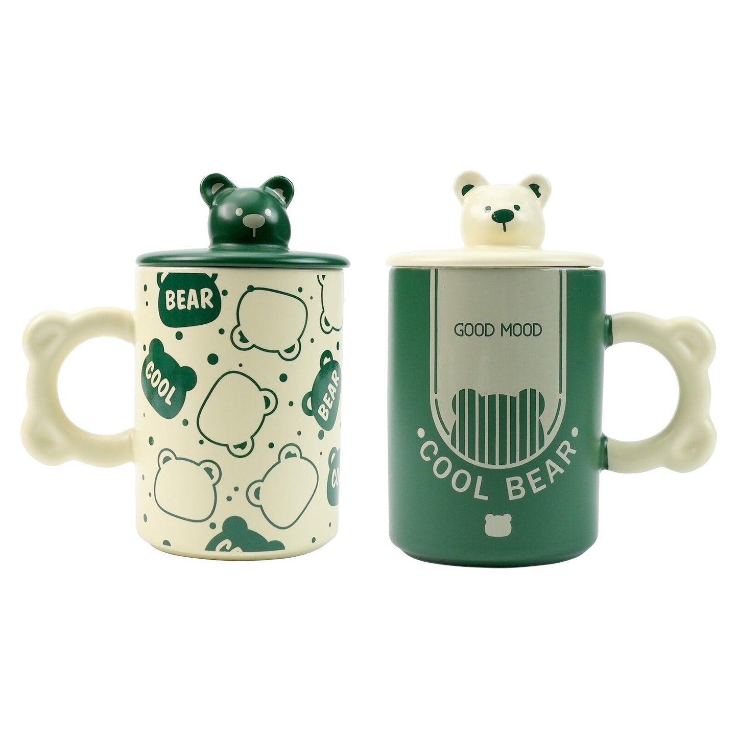 2 Set High-Fired Ceramic Porcelain Mug Set with Lid Bear Tea Spoon 400ml Green