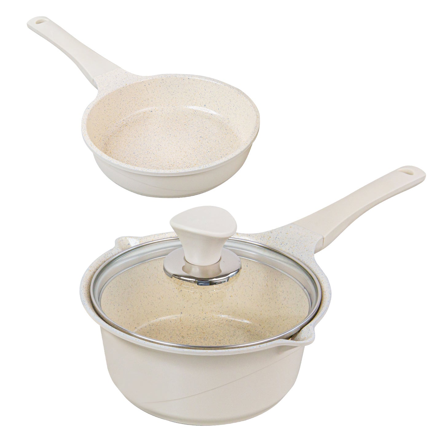 Happy Lambs Sauce Pot Frying Pan w/ a Lid Set Non-Stick Stone Induction IH Frypan 16cm - Ivory