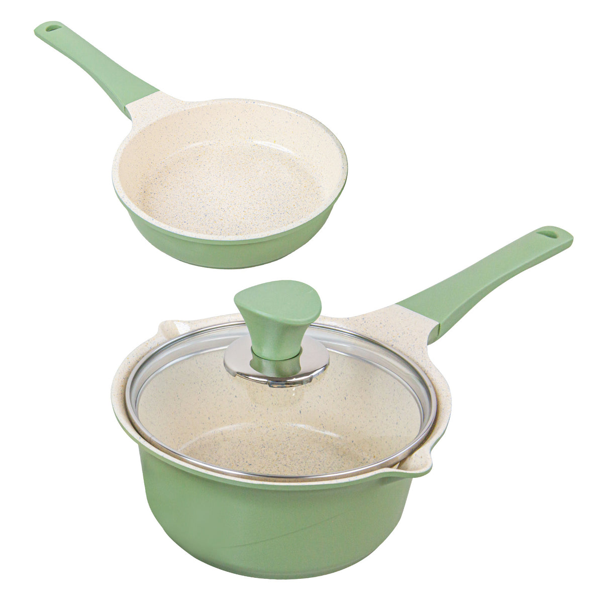 Happy Lambs Sauce Pot Frying Pan w/ a Lid Set Non-Stick Stone Induction IH Frypan 16cm - Olive