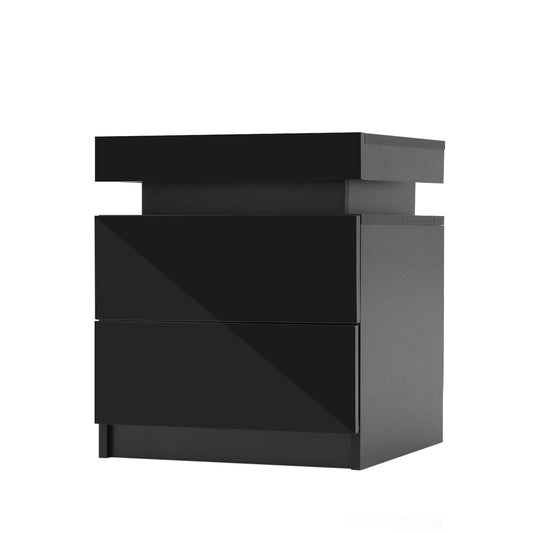 La Bella Bedside Table 2 Drawers RGB LED Bedroom Cabinet Nightstand Gloss AURORA - Black