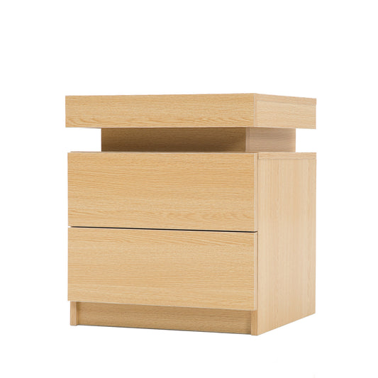 La Bella Bedside Table 2 Drawers RGB LED Bedroom Cabinet Nightstand Gloss AURORA - Oak