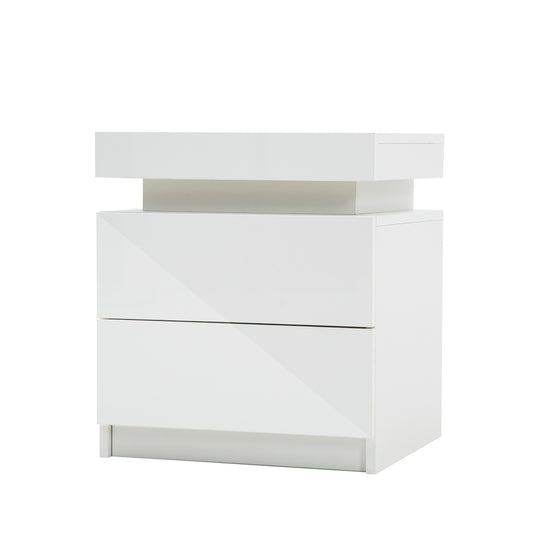 La Bella Bedside Table 2 Drawers RGB LED Bedroom Cabinet Nightstand Gloss AURORA - White