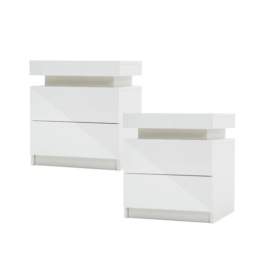 La Bella 2 Set Bedside Table 2 Drawers RGB LED Bedroom Cabinet Nightstand Gloss AURORA - White