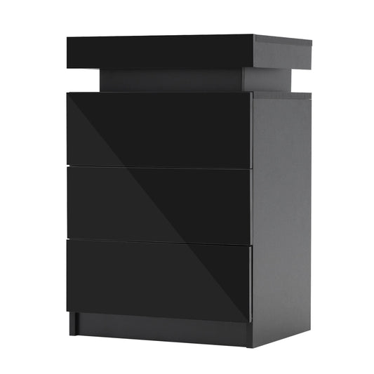 La Bella Bedside Table 3 Drawers RGB LED Bedroom Cabinet Nightstand Gloss GLORY - Black