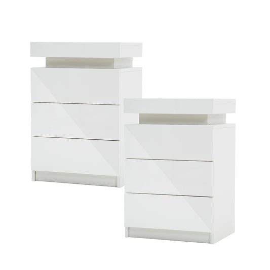 La Bella 2 Set Bedside Table 3 Drawers RGB LED Bedroom Cabinet Nightstand Gloss GLORY - White