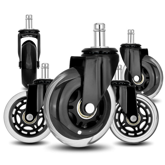 La Bella 5X Black 3'' Rollerblade Style Wheels Office Chair Casters - Slient Smooth, 11x22mm Stem