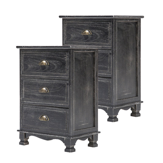 La Bella 2 Set Bedside Table 3 Drawer Vintage Side Table Storage Cabinet Bedroom CLARA - Black