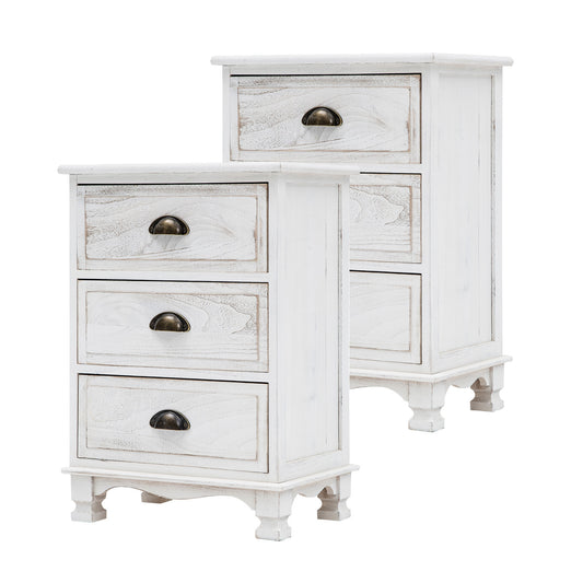 La Bella 2 Set Bedside Table 3 Drawer Vintage Side Table Storage Cabinet Bedroom CLARA - White