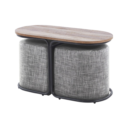 La Bella 3 Piece Set Coffee Table & Ottoman Wood Side End Table Industrial Rustic - Dark Grey