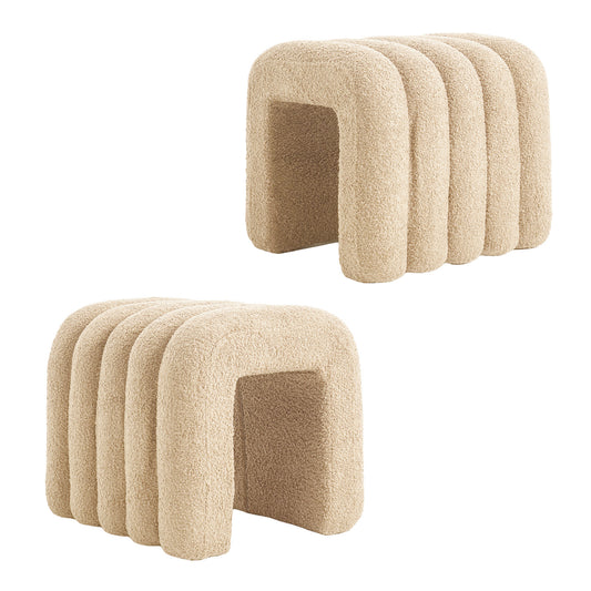 La Bella 2 Set Ridge Arch Ottoman Stool Teddy Fleece Fabric Foot Rest 45cm - Beige