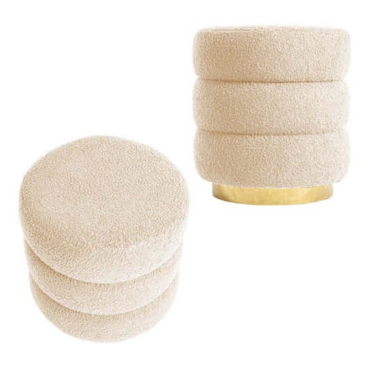 La Bella 2 Set Round Stacked Ottoman Stool Teddy Fleece Fabric Foot Rest 38cm - Beige