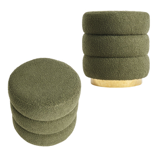 La Bella 2 Set Round Stacked Ottoman Stool Teddy Fleece Fabric Foot Rest 38cm - Green