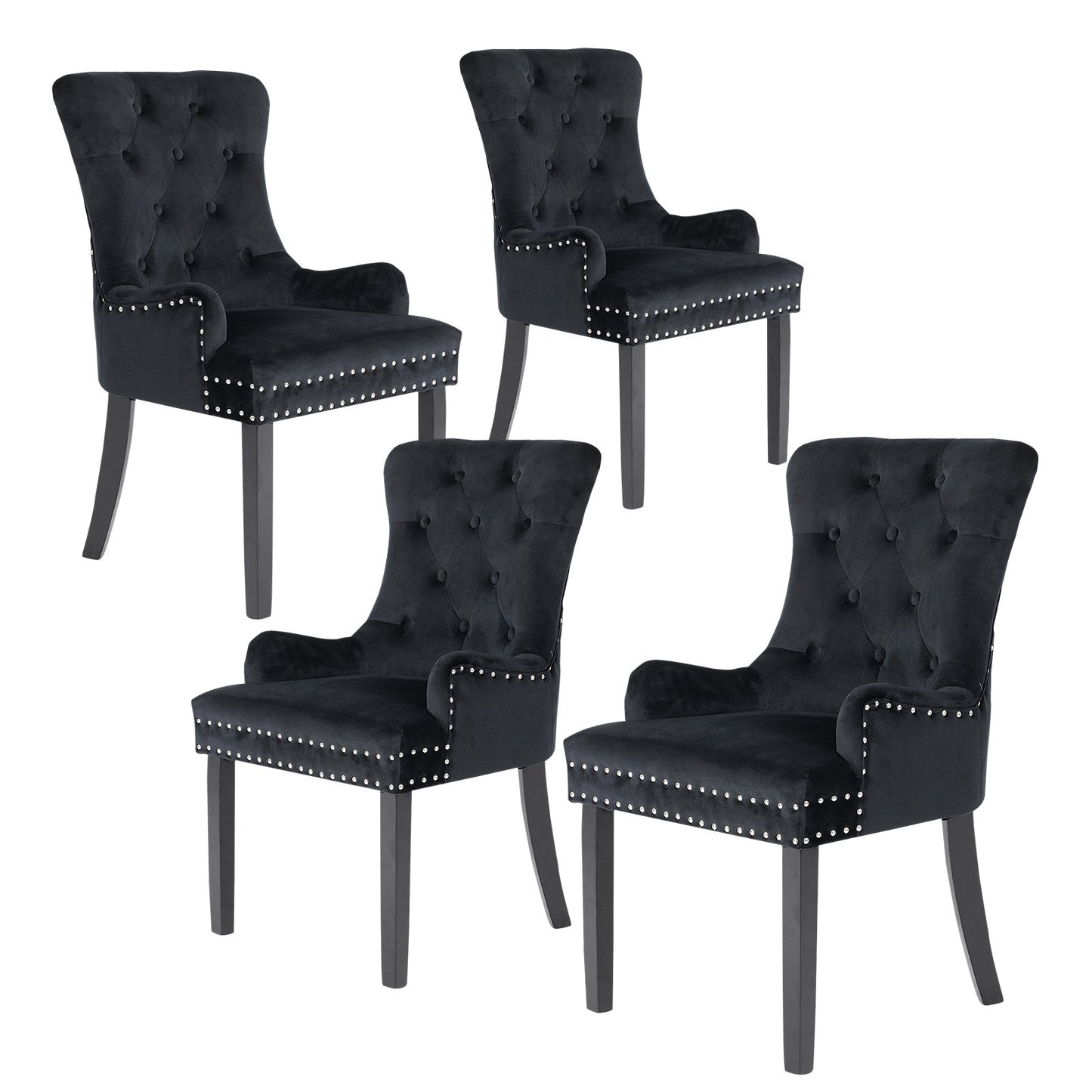 La Bella 4 Set French Provincial Dining Chair Ring Studded Lisse Velvet Rubberwood - Black