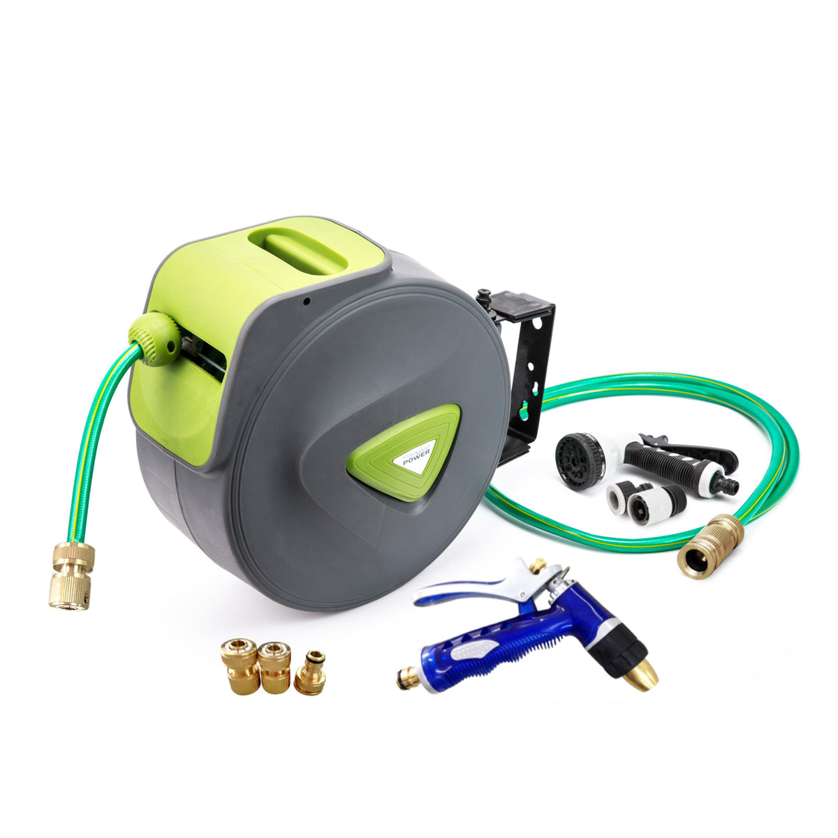 Dynamic Power Garden Water Hose 30M Retractable Rewind Reel Wall Mounted + Brass Gun