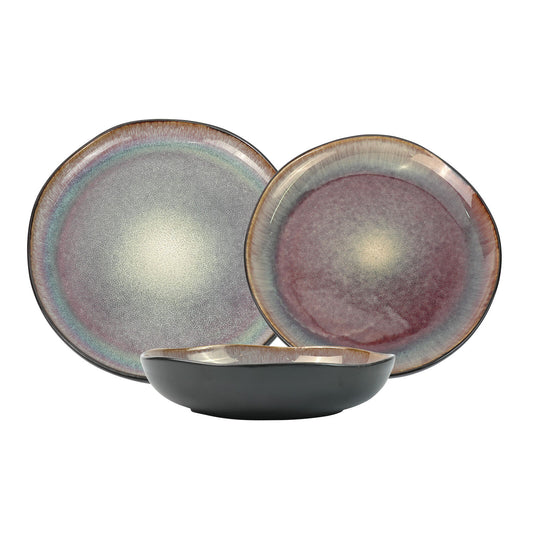 3 Pieces Reactive Glazed Ceramic Organic Fine Dinner Set with Plate and Bowl Earthy Blue Brown
