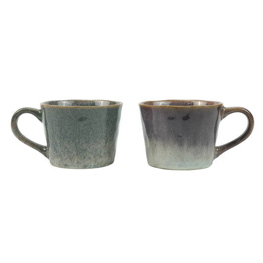 2 Set Reactive Glazed Ceramic Organic Coffee Mug 350ml Natural Earthy Grey Blue