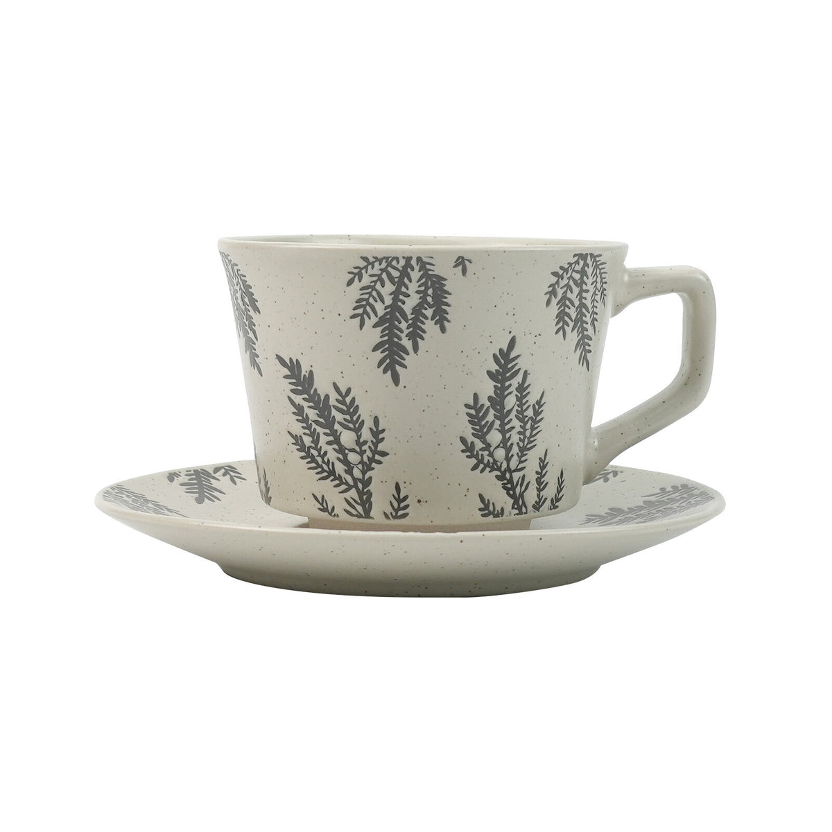 Lanci Aristo High-Fired Ceramic Stoneware Speckle Cup & Saucer Set with Tea Spoon Floral 380ml Earthy Grey
