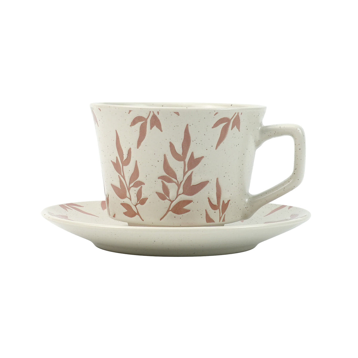 Lanci Aristo High-Fired Ceramic Stoneware Speckle Cup & Saucer Set with Tea Spoon Floral 380ml Earthy Red