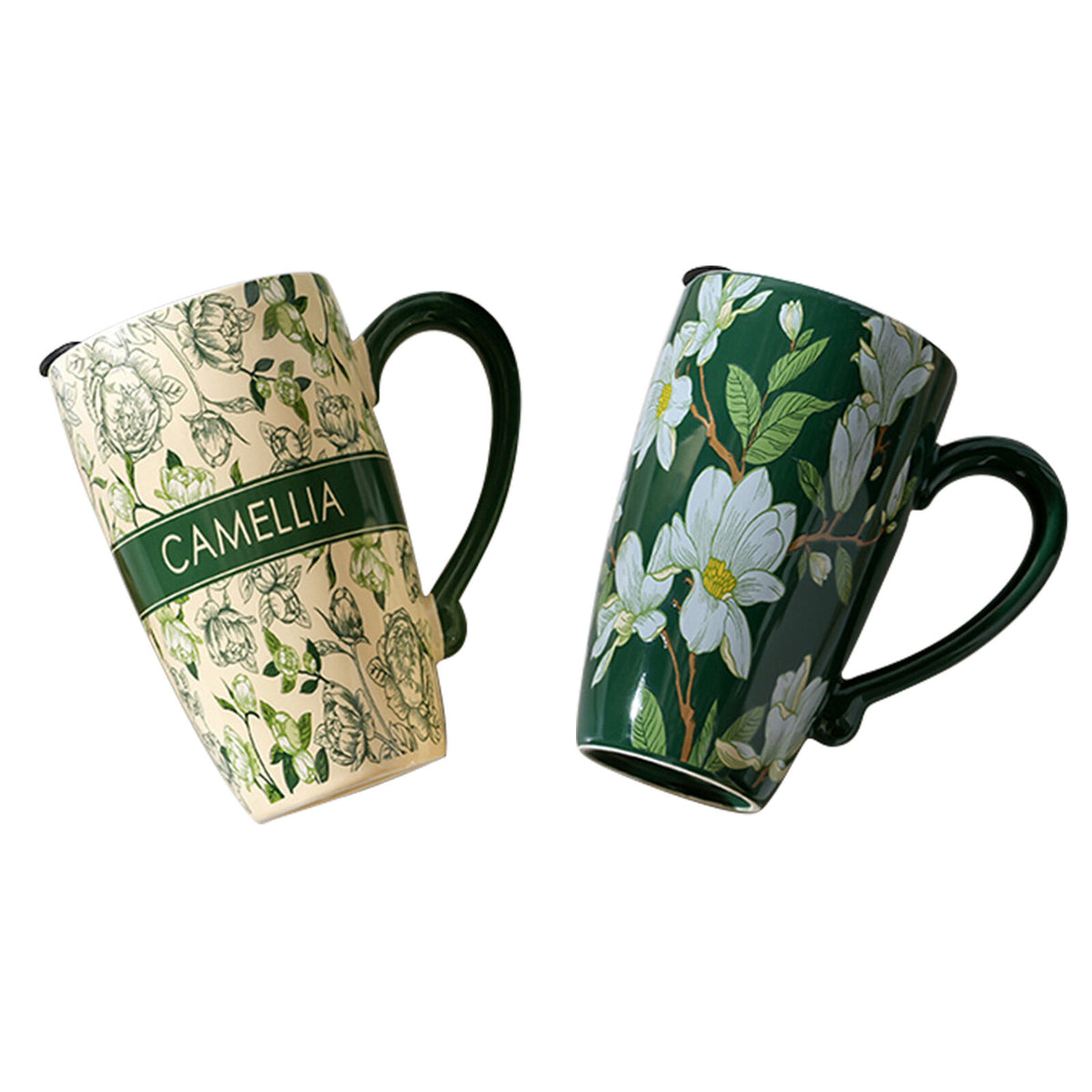 2 Set High-Fired Ceramic Porcelain Mug with Travel Lid Vintage Floral 600ml - Green