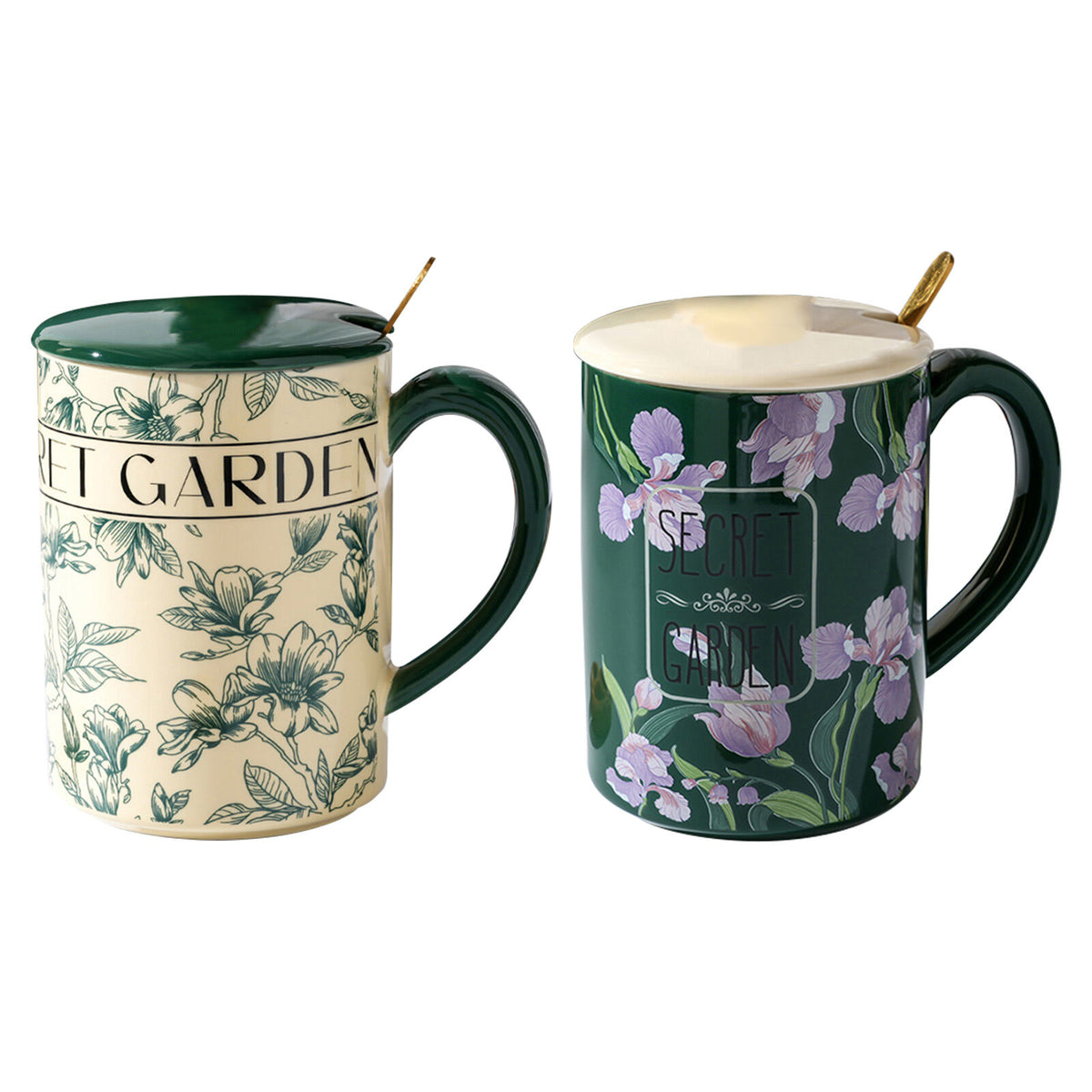 2 Set High-Fired Ceramic Porcelain Mug Set with Lid Tea Spoon Vintage Floral 400ml Green