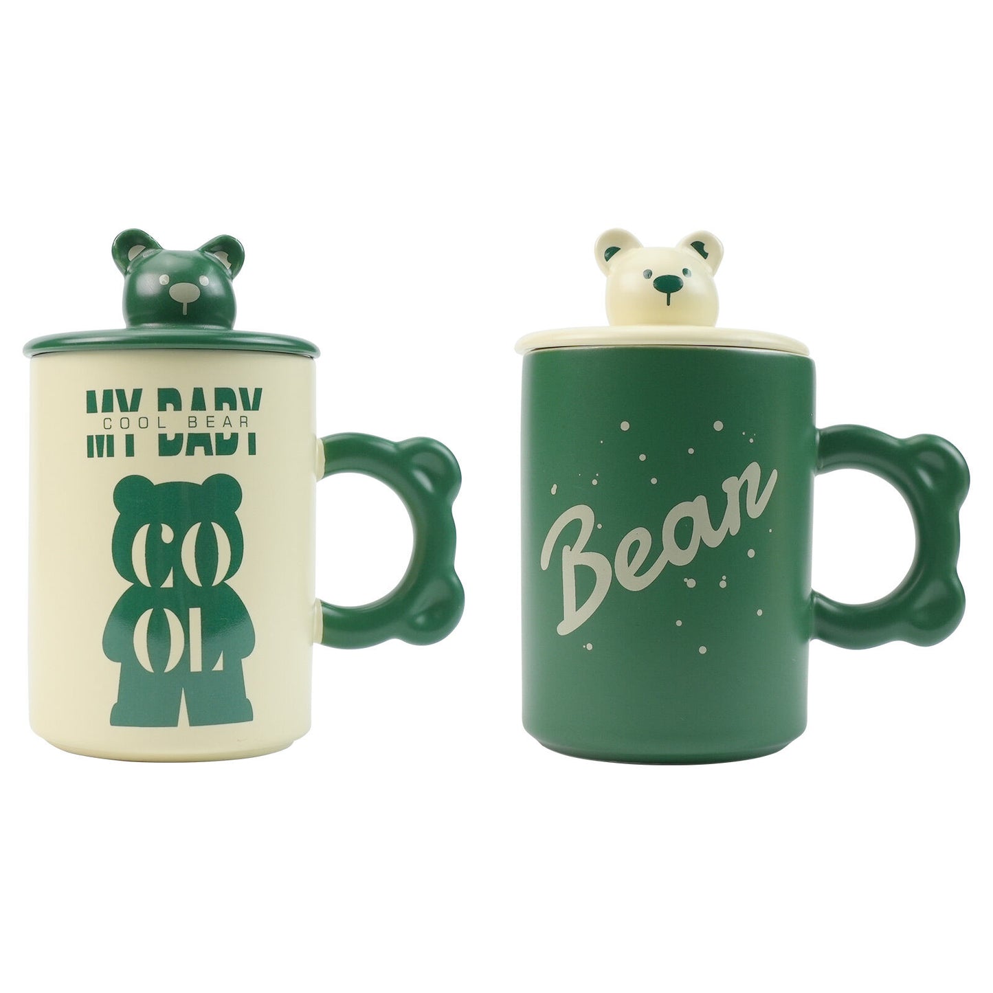 2 Set High-Fired Ceramic Porcelain Mug Set with Lid Bear Tea Spoon 400ml Green