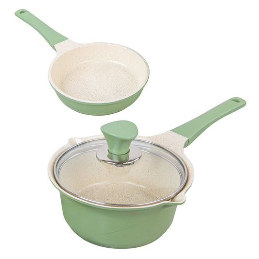 Happy Lambs Sauce Pot Frying Pan w/ a Lid Set Non-Stick Stone Induction IH Frypan 16cm - Olive