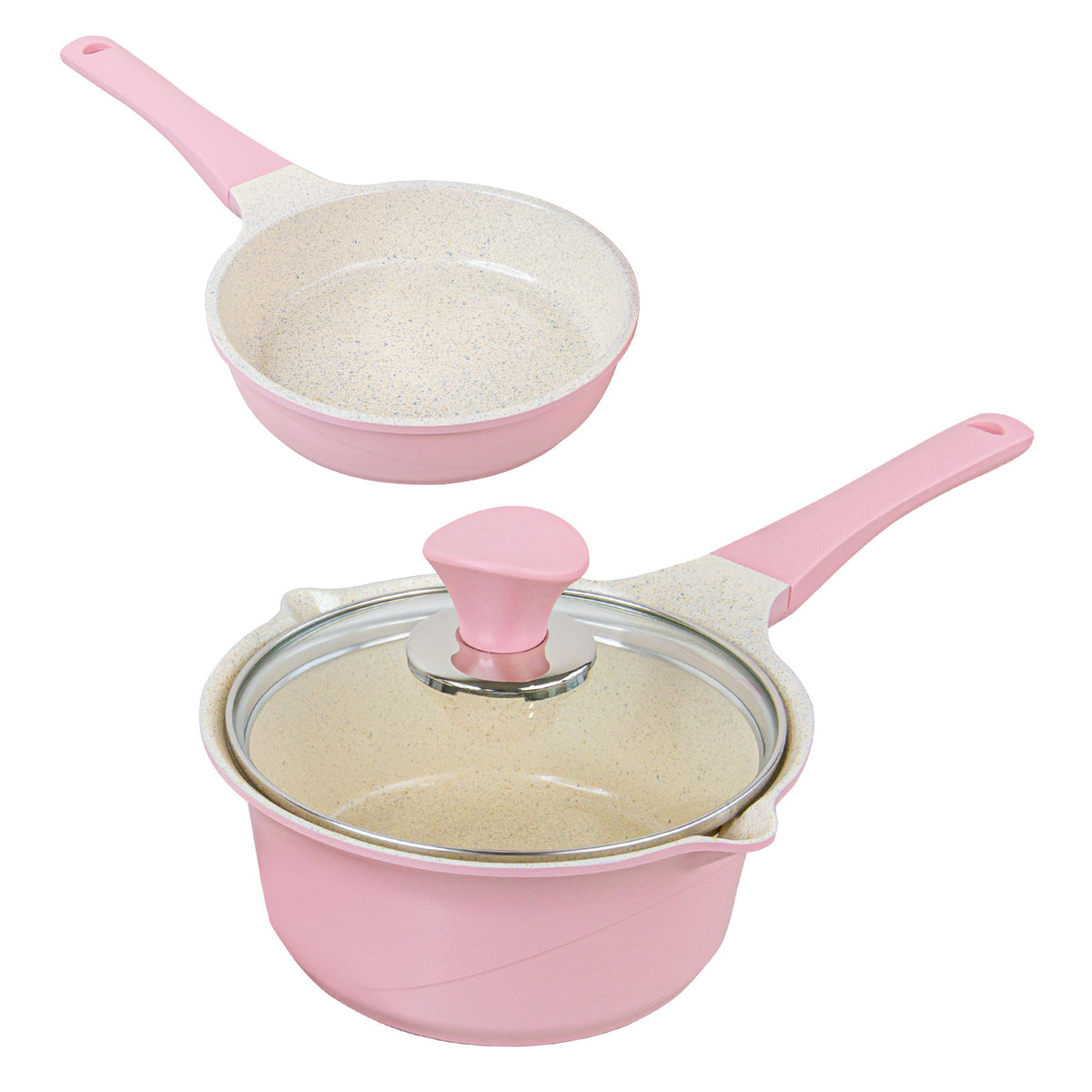 Happy Lambs Sauce Pot Frying Pan w/ a Lid Set Non-Stick Stone Induction IH Frypan 16cm - Pink