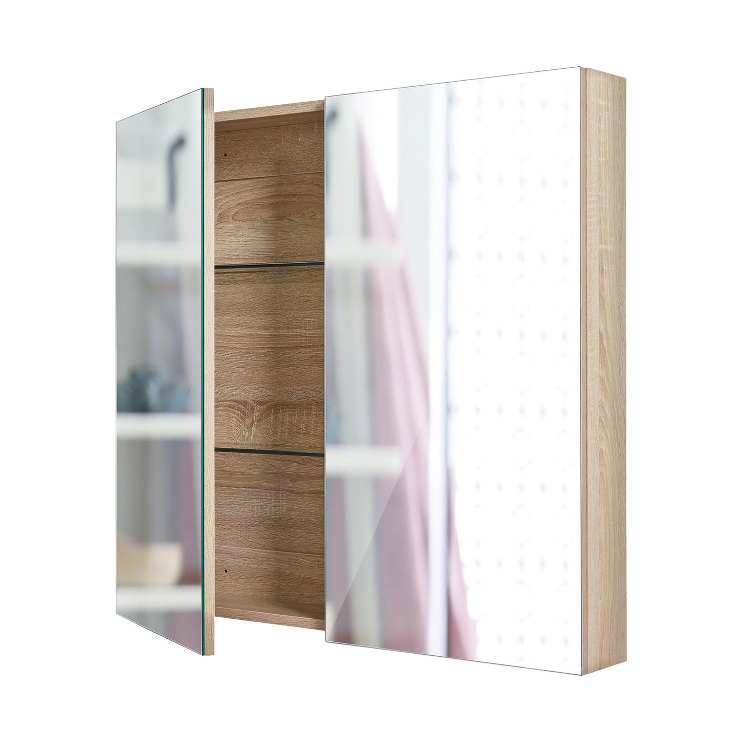 La Bella Bathroom Mirror Cabinet Wall Twin Door Shaving Storage 60 x 72 cm - Oak