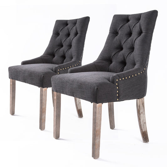 La Bella 2 Set French Provincial Dining Chair Amour Oak Fabric Studs Retro - Black