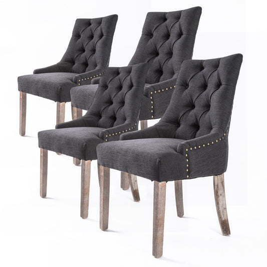 La Bella 4 Set French Provincial Dining Chair Amour Oak Fabric Studs Retro - Black