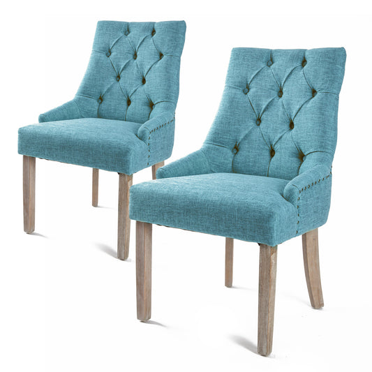 La Bella 2 Set French Provincial Dining Chair Amour Oak Fabric Studs Retro - Blue