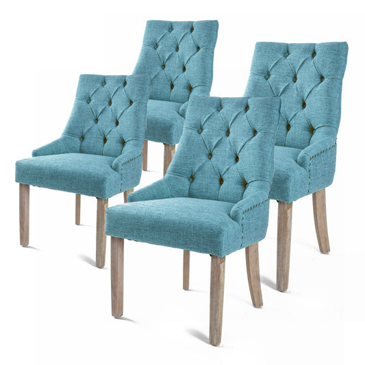 La Bella 4 Set French Provincial Dining Chair Amour Oak Fabric Studs Retro - Blue