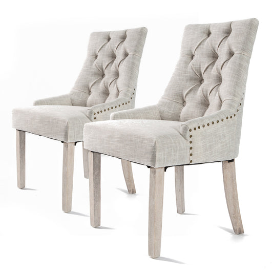 La Bella 2 Set French Provincial Dining Chair Amour Oak Fabric Studs Retro - Cream