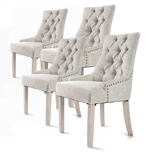 La Bella 4 Set French Provincial Dining Chair Amour Oak Fabric Studs Retro - Cream