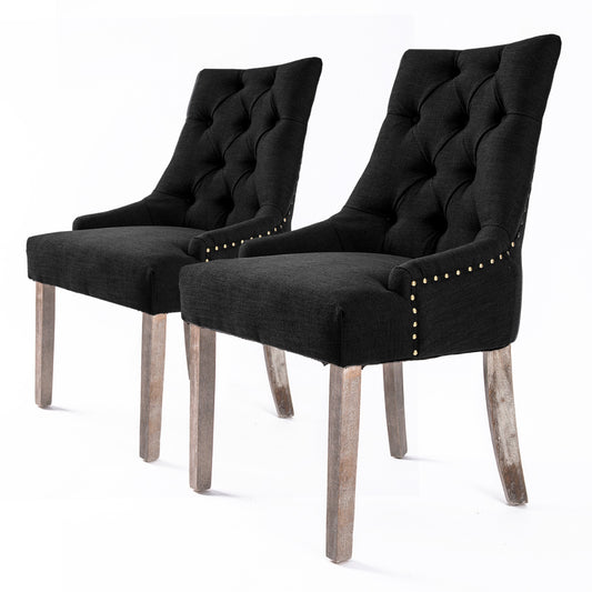 La Bella 2 Set French Provincial Dining Chair Amour Oak Fabric Studs Retro - Dark Black