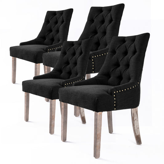 La Bella 4 Set French Provincial Dining Chair Amour Oak Fabric Studs Retro - Dark Black