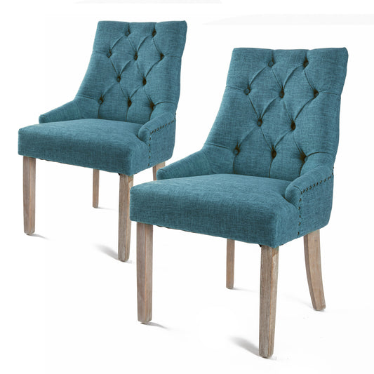 La Bella 2 Set French Provincial Dining Chair Amour Oak Fabric Studs Retro - Dark Blue