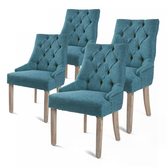 La Bella 4 Set French Provincial Dining Chair Amour Oak Fabric Studs Retro - Dark Blue