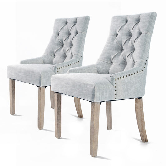 La Bella 2 Set French Provincial Dining Chair Amour Oak Fabric Studs Retro - Grey