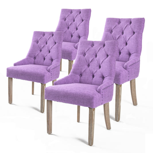 La Bella 4 Set French Provincial Dining Chair Amour Oak Fabric Studs Retro - Violet