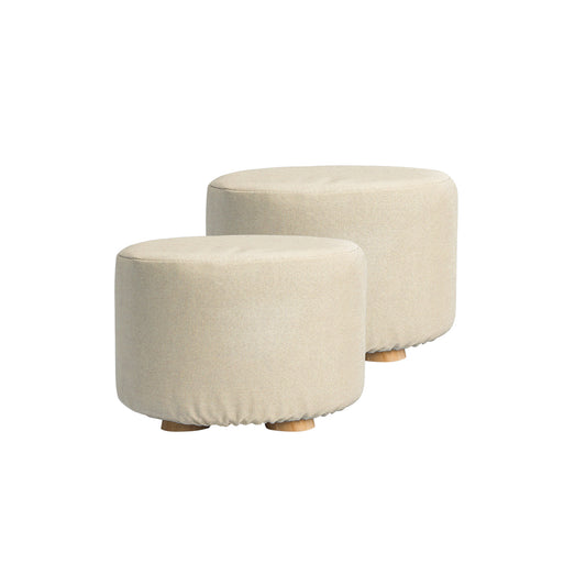 La Bella 2 Set Ottoman Round Stool Fabric Wooden Leg Foot - Beige