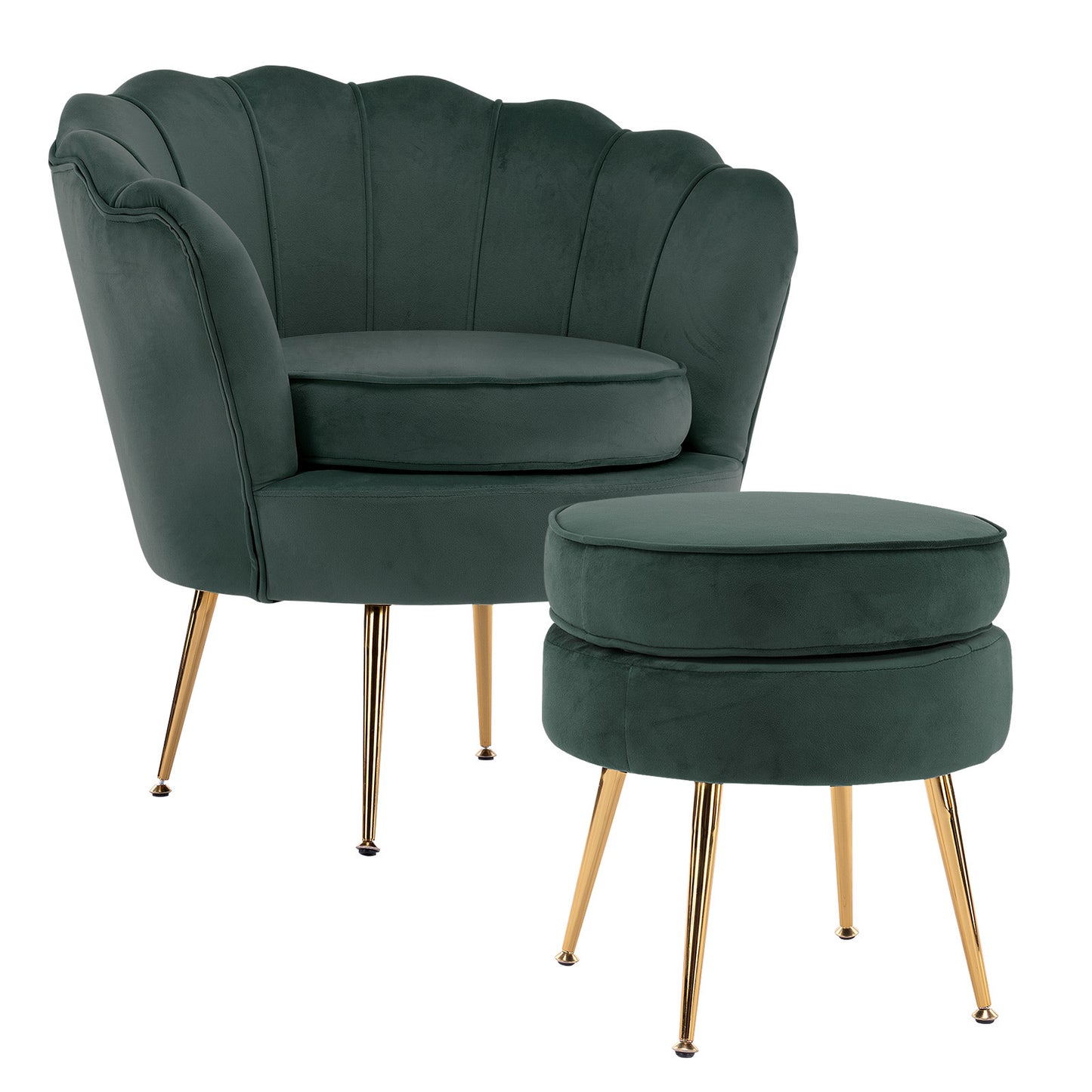 La Bella Armchair Chair Accent Velvet Shell Scallop + Ottoman Footstool Round - Green